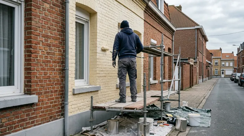 Peinture extérieure : artisan de dos sur un échafaudage repeignant une façade de maison de ville en brique